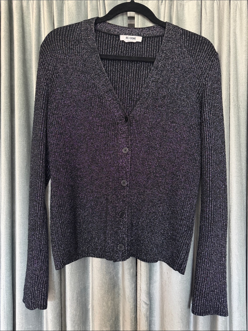 Re/Done Ribbed V‑Neck Button Cardigan in Charcoal
